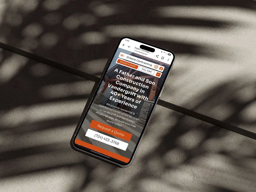 Website built for Greece Contracting, shown on a phone.