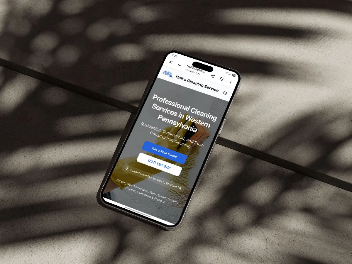 Website built for Hall's Cleaning Service in Western Pennsylvania, shown on a phone.