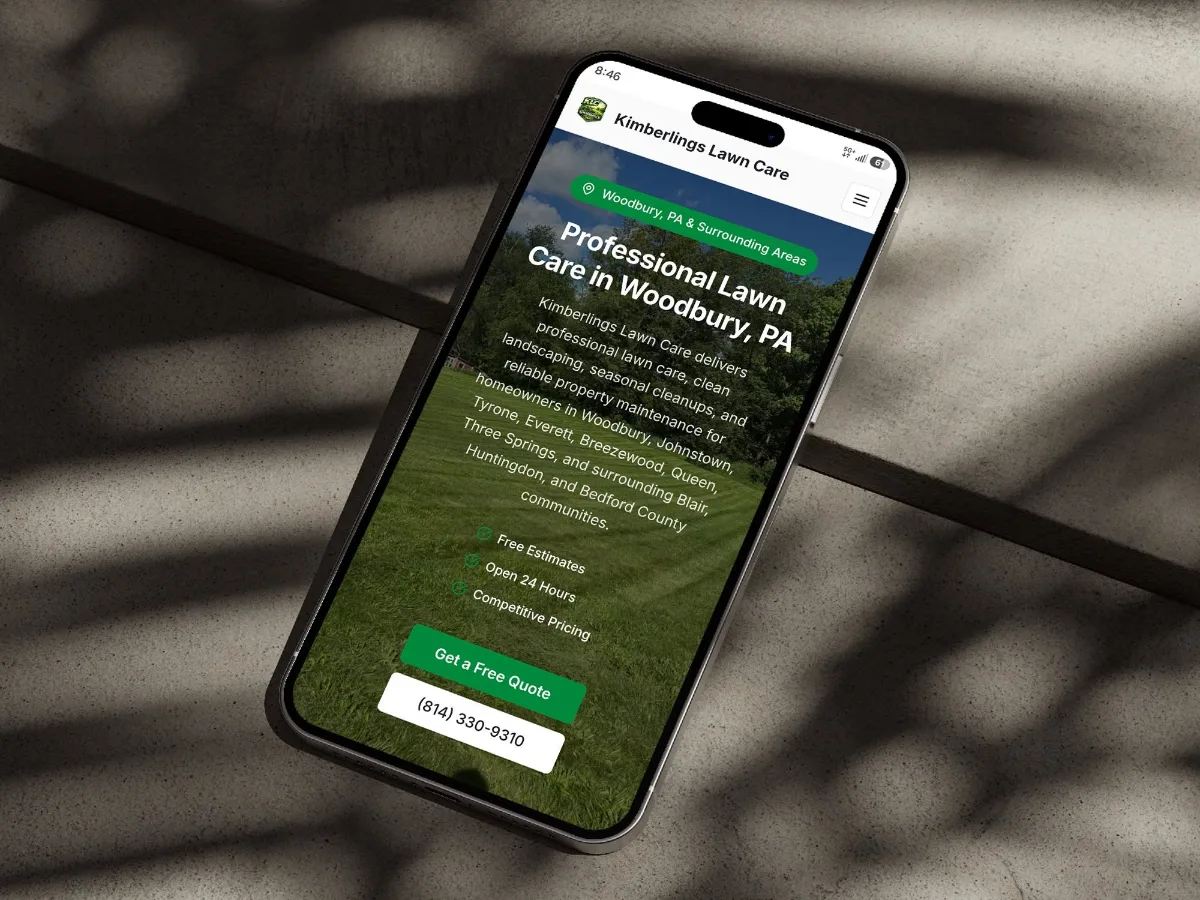 Website built for Kimberlings Lawn Care in Woodbury, Pennsylvania, shown on a phone.