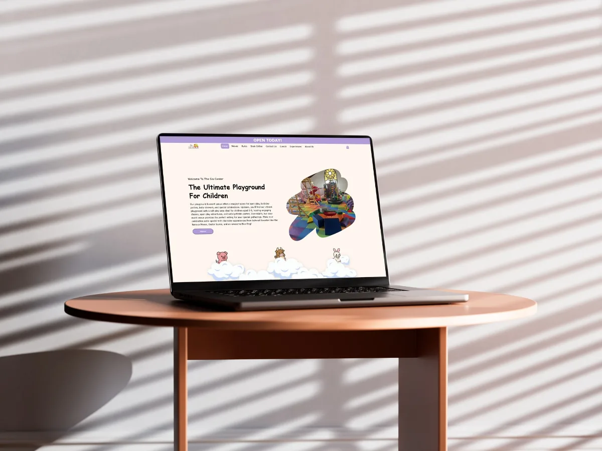 Website built for The Sia Center, a children's playground and event venue, shown on a laptop.