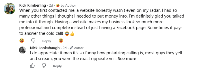 Facebook comment from Rick Kimberling saying a website was not on his radar, that he is glad Nick Lookabaugh talked him into it, and that sometimes it pays to answer the cold call.